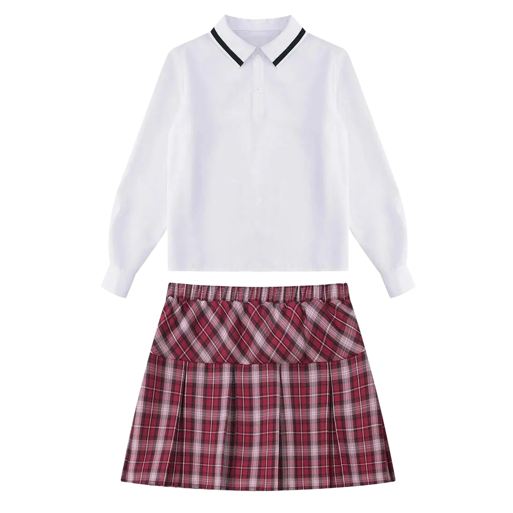 2pcs Girls School Uniform Set. Long Sleeve Pullover Shirt with Pleated Skirt.